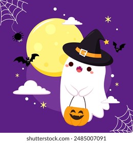 Cute ghost floating with Halloween pumpkin basket for Trick or Treat. Funny spooky boo character. Spook phantom with happy smiling face expression. Isolated kids flat vector illustration.