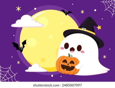 Lindo fantasma flotando con la cesta de calabaza de Halloween para truco o trato. Divertido personaje de libro espeluznante. Espantado fantasma con expresión de cara sonriente feliz. Ilustración vectorial plana para niños aislados.