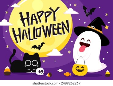 Cute ghost floating with Halloween pumpkin basket for Trick or Treat. Funny spooky boo character. Spook phantom with happy smiling face expression. Isolated kids flat vector illustration.