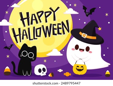 Cute ghost floating with Halloween pumpkin basket for Trick or Treat. Funny spooky boo character. Spook phantom with happy smiling face expression. Isolated kids flat vector illustration.