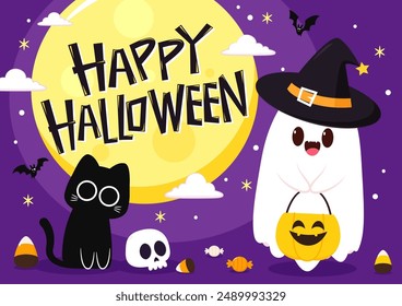 Lindo fantasma flotando con la cesta de calabaza de Halloween para truco o trato. Divertido personaje de libro espeluznante. Espantado fantasma con expresión de cara sonriente feliz. Ilustración vectorial plana para niños aislados.