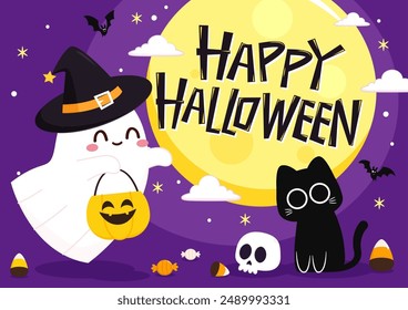 Cute ghost floating with Halloween pumpkin basket for Trick or Treat. Funny spooky boo character. Spook phantom with happy smiling face expression. Isolated kids flat vector illustration.