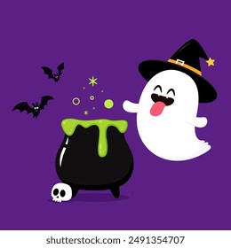 Cute ghost floating with Halloween pumpkin basket for Trick or Treat. Funny spooky boo character. Spook phantom with happy smiling face expression. Isolated kids flat vector illustration.