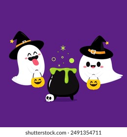 Cute ghost floating with Halloween pumpkin basket for Trick or Treat. Funny spooky boo character. Spook phantom with happy smiling face expression. Isolated kids flat vector illustration.