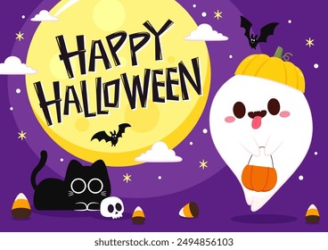 Cute ghost floating with Halloween pumpkin basket for Trick or Treat. Funny spooky boo character. Spook phantom with happy smiling face expression. Isolated kids flat vector illustration.
