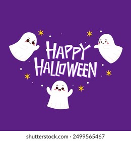Cute ghost floating with Halloween pumpkin basket for Trick or Treat. Funny spooky boo character. Spook phantom with happy smiling face expression. Isolated kids flat vector illustration.