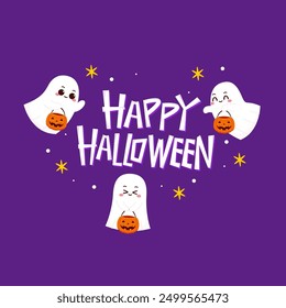 Cute ghost floating with Halloween pumpkin basket for Trick or Treat. Funny spooky boo character. Spook phantom with happy smiling face expression. Isolated kids flat vector illustration.