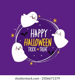 Cute ghost floating with Halloween pumpkin basket for Trick or Treat. Funny spooky boo character. Spook phantom with happy smiling face expression. Isolated kids flat vector illustration.