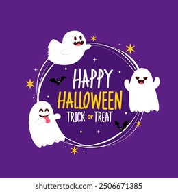 Cute ghost floating with Halloween pumpkin basket for Trick or Treat. Funny spooky boo character. Spook phantom with happy smiling face expression. Isolated kids flat vector illustration.