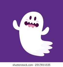 Fantasma lindo que flota con la cesta de la calabaza de Halloween para el truco o el trato. Divertido personaje espeluznante. Fantasma de fantasma con expresión de cara sonriente feliz. Ilustración vectorial plana aislada de los niños.