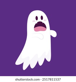 Fantasma lindo que flota con la cesta de la calabaza de Halloween para el truco o el trato. Divertido personaje espeluznante. Fantasma de fantasma con expresión de cara sonriente feliz. Ilustración vectorial plana aislada de los niños.