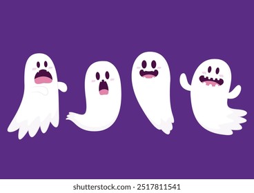 Fantasma lindo que flota con la cesta de la calabaza de Halloween para el truco o el trato. Divertido personaje espeluznante. Fantasma de fantasma con expresión de cara sonriente feliz. Ilustración vectorial plana aislada de los niños.