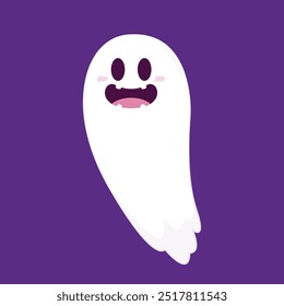 Fantasma lindo que flota con la cesta de la calabaza de Halloween para el truco o el trato. Divertido personaje espeluznante. Fantasma de fantasma con expresión de cara sonriente feliz. Ilustración vectorial plana aislada de los niños.