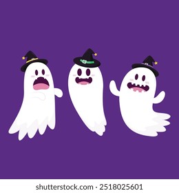 Cute ghost floating with Halloween pumpkin basket for Trick or Treat. Funny spooky boo character. Spook phantom with happy smiling face expression. Isolated kids flat vector illustration.