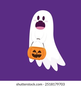 Fantasma lindo que flota con la cesta de la calabaza de Halloween para el truco o el trato. Divertido personaje espeluznante. Fantasma de fantasma con expresión de cara sonriente feliz. Ilustración vectorial plana aislada de los niños.