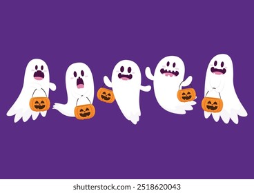 Fantasma lindo que flota con la cesta de la calabaza de Halloween para el truco o el trato. Divertido personaje espeluznante. Fantasma de fantasma con expresión de cara sonriente feliz. Ilustración vectorial plana aislada de los niños.