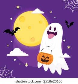 Fantasma lindo que flota con la cesta de la calabaza de Halloween para el truco o el trato. Divertido personaje espeluznante. Fantasma de fantasma con expresión de cara sonriente feliz. Ilustración vectorial plana aislada de los niños.