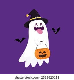 Cute ghost floating with Halloween pumpkin basket for Trick or Treat. Funny spooky boo character. Spook phantom with happy smiling face expression. Isolated kids flat vector illustration.