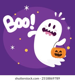 Fantasma lindo que flota con la cesta de la calabaza de Halloween para el truco o el trato. Divertido personaje espeluznante. Fantasma de fantasma con expresión de cara sonriente feliz. Ilustración vectorial plana aislada de los niños.