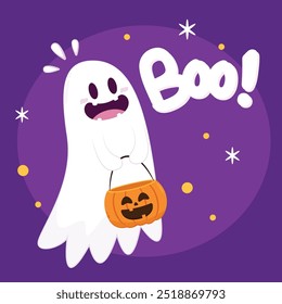 Cute ghost floating with Halloween pumpkin basket for Trick or Treat. Funny spooky boo character. Spook phantom with happy smiling face expression. Isolated kids flat vector illustration.
