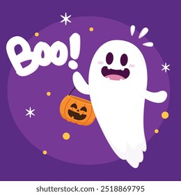 Fantasma lindo que flota con la cesta de la calabaza de Halloween para el truco o el trato. Divertido personaje espeluznante. Fantasma de fantasma con expresión de cara sonriente feliz. Ilustración vectorial plana aislada de los niños.