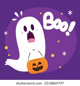 Fantasma lindo que flota con la cesta de la calabaza de Halloween para el truco o el trato. Divertido personaje espeluznante. Fantasma de fantasma con expresión de cara sonriente feliz. Ilustración vectorial plana aislada de los niños.