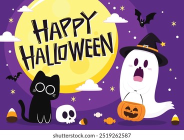 Fantasma lindo que flota con la cesta de la calabaza de Halloween para el truco o el trato. Divertido personaje espeluznante. Fantasma de fantasma con expresión de cara sonriente feliz. Ilustración vectorial plana aislada de los niños.