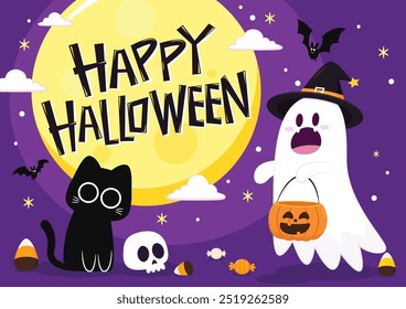 Fantasma lindo que flota con la cesta de la calabaza de Halloween para el truco o el trato. Divertido personaje espeluznante. Fantasma de fantasma con expresión de cara sonriente feliz. Ilustración vectorial plana aislada de los niños.