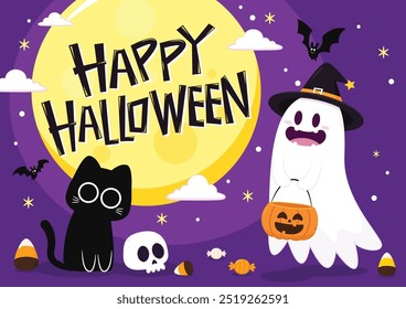 Fantasma lindo que flota con la cesta de la calabaza de Halloween para el truco o el trato. Divertido personaje espeluznante. Fantasma de fantasma con expresión de cara sonriente feliz. Ilustración vectorial plana aislada de los niños.