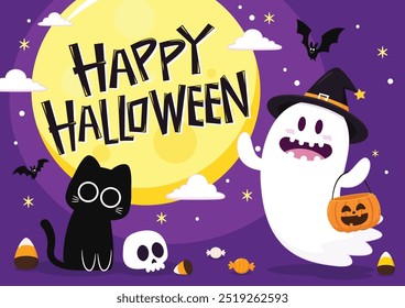 Fantasma lindo que flota con la cesta de la calabaza de Halloween para el truco o el trato. Divertido personaje espeluznante. Fantasma de fantasma con expresión de cara sonriente feliz. Ilustración vectorial plana aislada de los niños.