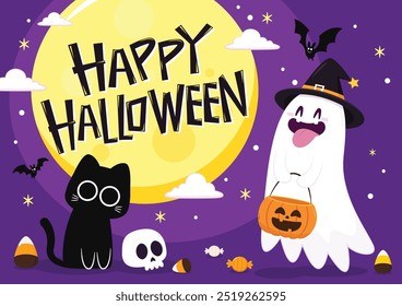 Fantasma bonito flutuando com cesta de abóbora Halloween para Truque ou Treat. Engraçado personagem de livro assustador. Fantasma de spook com feliz expressão de rosto sorridente. Ilustração isolada de vetor plano para crianças.