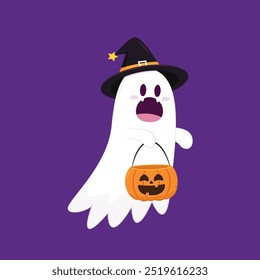 Fantasma lindo que flota con la cesta de la calabaza de Halloween para el truco o el trato. Divertido personaje espeluznante. Fantasma de fantasma con expresión de cara sonriente feliz. Ilustración vectorial plana aislada de los niños.