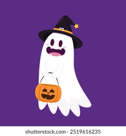 Fantasma lindo que flota con la cesta de la calabaza de Halloween para el truco o el trato. Divertido personaje espeluznante. Fantasma de fantasma con expresión de cara sonriente feliz. Ilustración vectorial plana aislada de los niños.