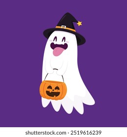 Fantasma lindo que flota con la cesta de la calabaza de Halloween para el truco o el trato. Divertido personaje espeluznante. Fantasma de fantasma con expresión de cara sonriente feliz. Ilustración vectorial plana aislada de los niños.