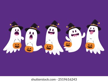 Fantasma lindo que flota con la cesta de la calabaza de Halloween para el truco o el trato. Divertido personaje espeluznante. Fantasma de fantasma con expresión de cara sonriente feliz. Ilustración vectorial plana aislada de los niños.