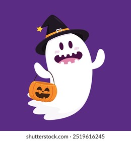 Fantasma lindo que flota con la cesta de la calabaza de Halloween para el truco o el trato. Divertido personaje espeluznante. Fantasma de fantasma con expresión de cara sonriente feliz. Ilustración vectorial plana aislada de los niños.