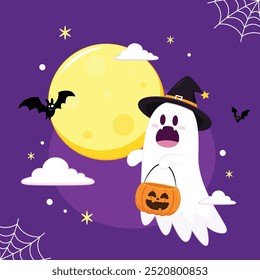 Fantasma lindo que flota con la cesta de la calabaza de Halloween para el truco o el trato. Divertido personaje espeluznante. Fantasma de fantasma con expresión de cara sonriente feliz. Ilustración vectorial plana aislada de los niños.