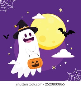 Fantasma lindo que flota con la cesta de la calabaza de Halloween para el truco o el trato. Divertido personaje espeluznante. Fantasma de fantasma con expresión de cara sonriente feliz. Ilustración vectorial plana aislada de los niños.