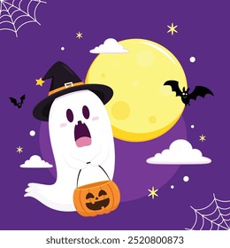 Fantasma lindo que flota con la cesta de la calabaza de Halloween para el truco o el trato. Divertido personaje espeluznante. Fantasma de fantasma con expresión de cara sonriente feliz. Ilustración vectorial plana aislada de los niños.