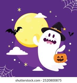 Fantasma lindo que flota con la cesta de la calabaza de Halloween para el truco o el trato. Divertido personaje espeluznante. Fantasma de fantasma con expresión de cara sonriente feliz. Ilustración vectorial plana aislada de los niños.