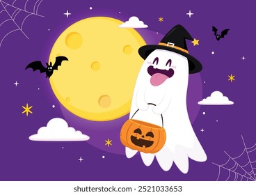 Fantasma bonito flutuando com cesta de abóbora Halloween para Truque ou Treat. Engraçado personagem de livro assustador. Fantasma de spook com feliz expressão de rosto sorridente. Ilustração isolada de vetor plano para crianças.