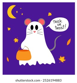 Fantasma lindo que flota con la cesta de la calabaza de Halloween para el truco o el trato. Divertido personaje espeluznante. Fantasma de fantasma con expresión de cara sonriente feliz. Ilustración vectorial plana aislada de los niños.
