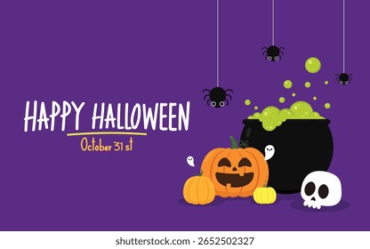 Fantasma bonito flutuando com cesta de abóbora Halloween para Truque ou Treat. Engraçado personagem de livro assustador. Fantasma de spook com feliz expressão de rosto sorridente. Ilustração isolada de vetor plano para crianças.