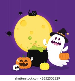 Fantasma bonito flutuando com cesta de abóbora Halloween para Truque ou Treat. Engraçado personagem de livro assustador. Fantasma de spook com feliz expressão de rosto sorridente. Ilustração isolada de vetor plano para crianças.