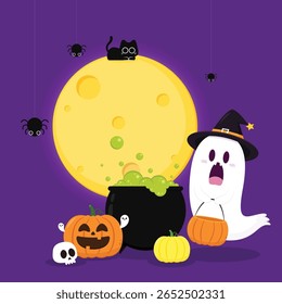 Fantasma bonito flutuando com cesta de abóbora Halloween para Truque ou Treat. Engraçado personagem de livro assustador. Fantasma de spook com feliz expressão de rosto sorridente. Ilustração isolada de vetor plano para crianças.