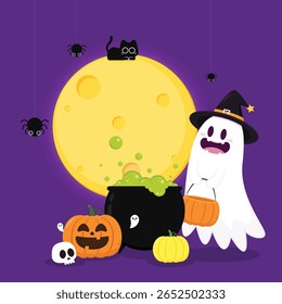 Fantasma bonito flutuando com cesta de abóbora Halloween para Truque ou Treat. Engraçado personagem de livro assustador. Fantasma de spook com feliz expressão de rosto sorridente. Ilustração isolada de vetor plano para crianças.