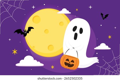Fantasma bonito flutuando com cesta de abóbora Halloween para Truque ou Treat. Engraçado personagem de livro assustador. Fantasma de spook com feliz expressão de rosto sorridente. Ilustração isolada de vetor plano para crianças.