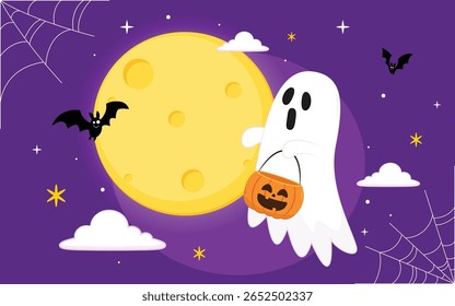 Fantasma bonito flutuando com cesta de abóbora Halloween para Truque ou Treat. Engraçado personagem de livro assustador. Fantasma de spook com feliz expressão de rosto sorridente. Ilustração isolada de vetor plano para crianças.