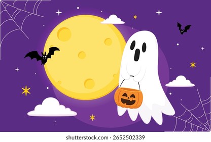 Fantasma bonito flutuando com cesta de abóbora Halloween para Truque ou Treat. Engraçado personagem de livro assustador. Fantasma de spook com feliz expressão de rosto sorridente. Ilustração isolada de vetor plano para crianças.