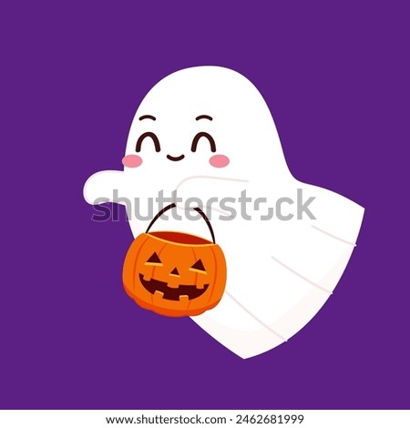Cute ghost floating with Halloween pumpkin basket for Trick or Treat. Funny spooky boo character. Spook phantom with happy smiling face expression. Isolated kids flat vector illustration.